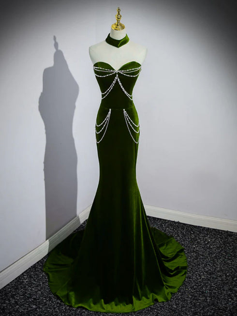 Green Velvet Sweetheart Mermaid Party Dress, Off Shoulder Green Velvet Prom Dress