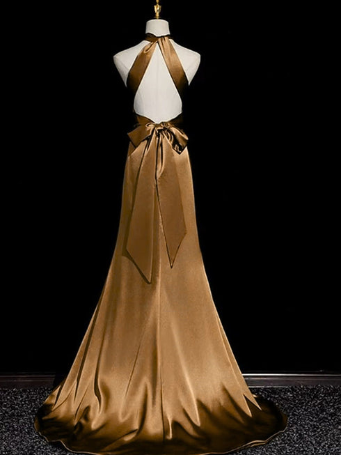 Lovely Halter Soft Satin A-line Prom Dress, Backless Satin Long Party Dress Evening Dress