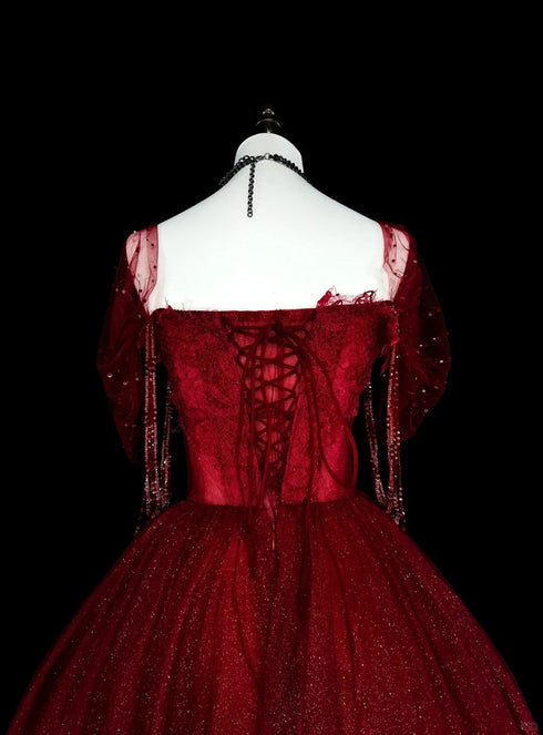 Wine Red Sweetheart Beaded Tulle Formal Dress, Off Shoulder Sweet 16 Dress
