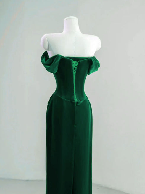 Dark Green Velvet Off Shoulder Wedding Party Dress, Dark Green Velvet Prom Dress