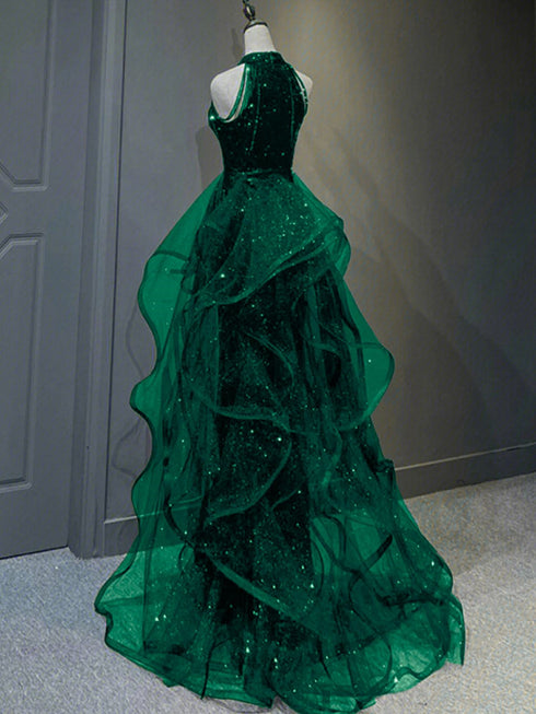 Green Sequins With Tulle Long Party Dress, Green Beaded Halter Evening Dress