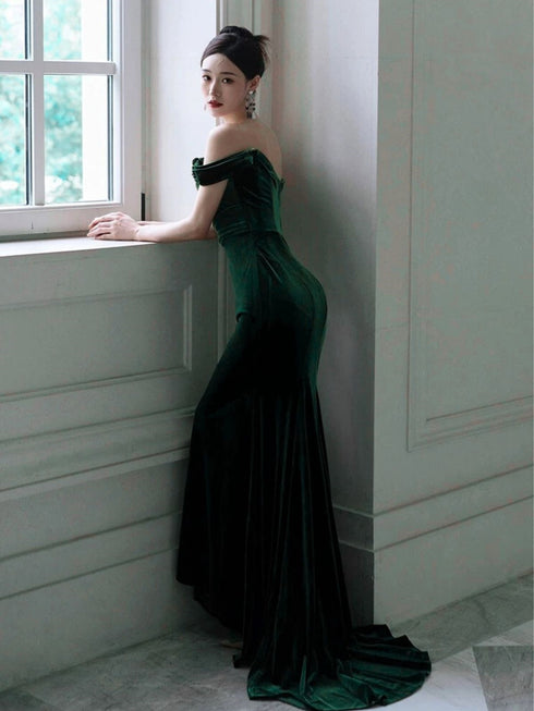 Green Mermaid Velvet Long Wedding Party Dress, Green Velvet Sweetheart Prom Dress