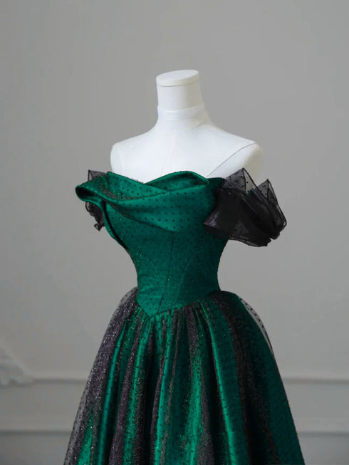 Black And Green Strapless A-Line Party Dress, Tulle And Satin Prom Dress Evening Dress