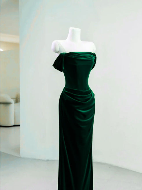 Dark Green Velvet Off Shoulder Wedding Party Dress, Dark Green Velvet Prom Dress