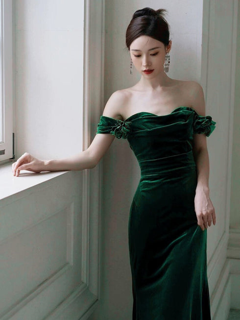 Green Mermaid Velvet Long Wedding Party Dress, Green Velvet Sweetheart Prom Dress