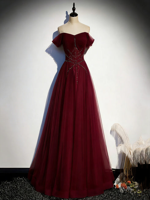 Wine Red Beaded Tulle A-line Prom Dress, Wine Red Off Shoulder Party Dress Evening Dress