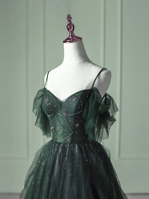 Green A-line Beaded Off Shoulder Tulle Prom Dress, Green Gradient Party Dress