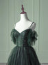 Green A-line Beaded Off Shoulder Tulle Prom Dress, Green Gradient Party Dress