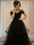 Charming Black Off Shoulder Layered Long Prom Dress, Beaded Back Evening Dress Formal Dress