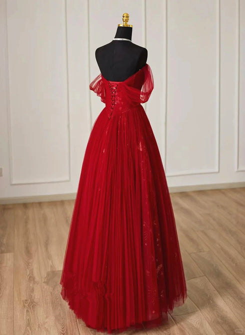Lovely Wine Red Tulle Sweetheart Off Shoulder Prom Dress, Wine Red Long Party Dress