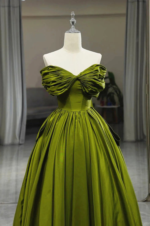 Green A-line Off Shoulder Satin Long Party Dress, Green Satin Formal Dress Prom Dress