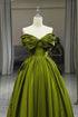 Green A-line Off Shoulder Satin Long Party Dress, Green Satin Formal Dress Prom Dress