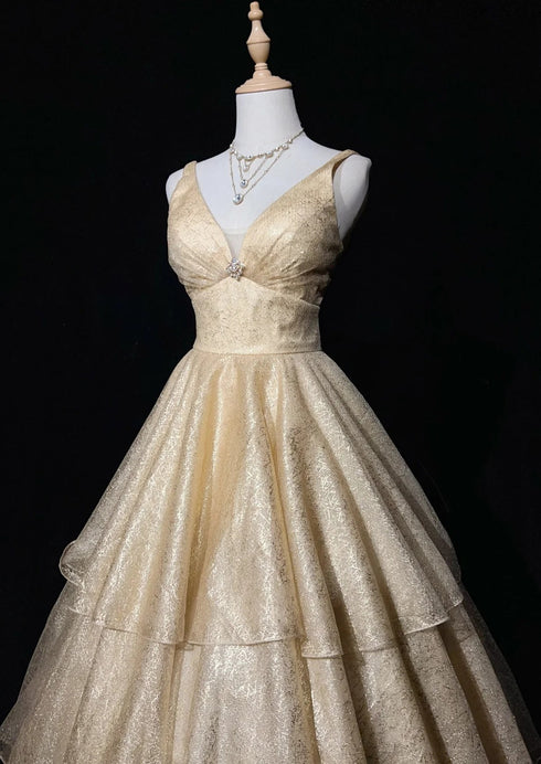 Light Champagne V-neckline Tulle Layers Formal Dress, Light Champagne Party Dress