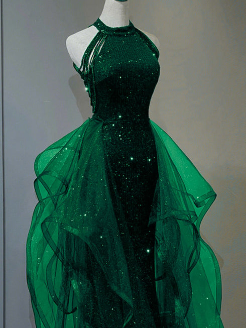 Green Sequins With Tulle Long Party Dress, Green Beaded Halter Evening Dress