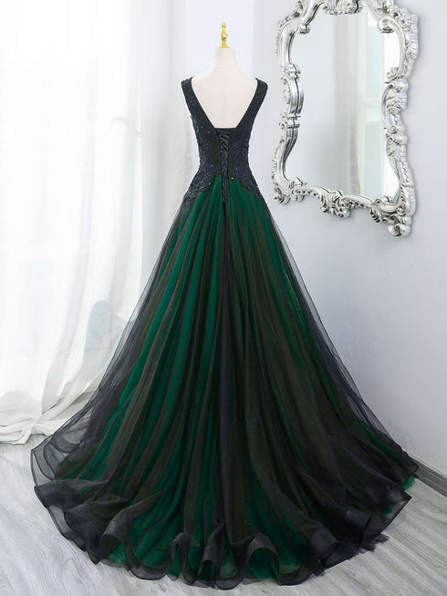 Elegant Black and Green V-neckline Tulle Party Dress, Black and Green Lace Prom Dress