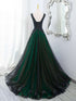 Elegant Black and Green V-neckline Tulle Party Dress, Black and Green Lace Prom Dress