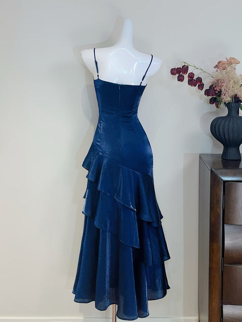 Navy Blue Satin Straps Mermaid Long Prom Dress, Navy Blue Satin Evening Dress Formal Dress