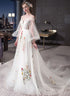 White Tulle Long Sleeves Lace Applique Long Party Dress, White Tulle Prom Dress