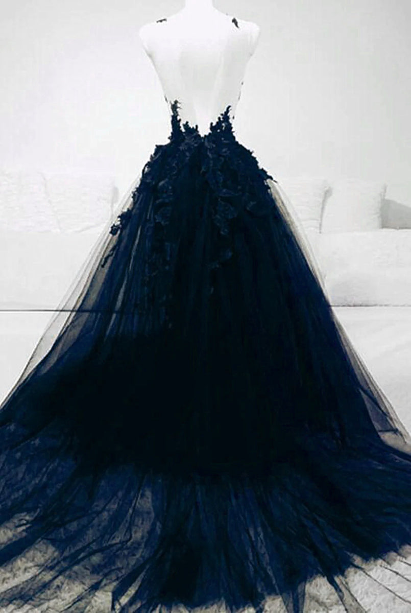 Dark Blue Tulle With Lace Long Evening Dress, A-line Dark Blue Prom Dr