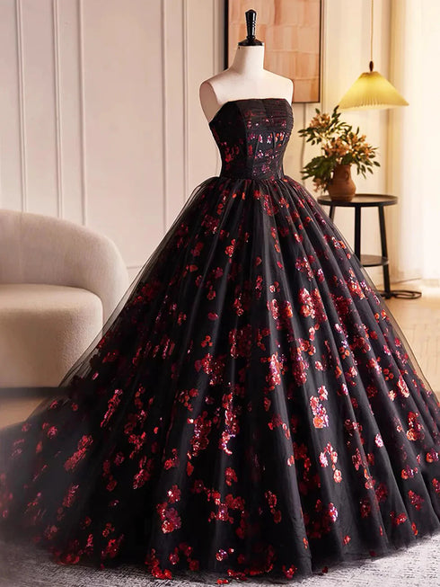 A-line Scoop Black and Red Fowers Party Dress, Black and Red Tulle Prom Dress