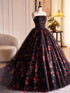 A-line Scoop Black and Red Fowers Party Dress, Black and Red Tulle Prom Dress