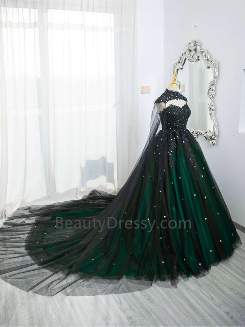 Gorgeous Black and Green Tulle Ball Gown Sweet 16 Dress with Cape, Long Prom Dress