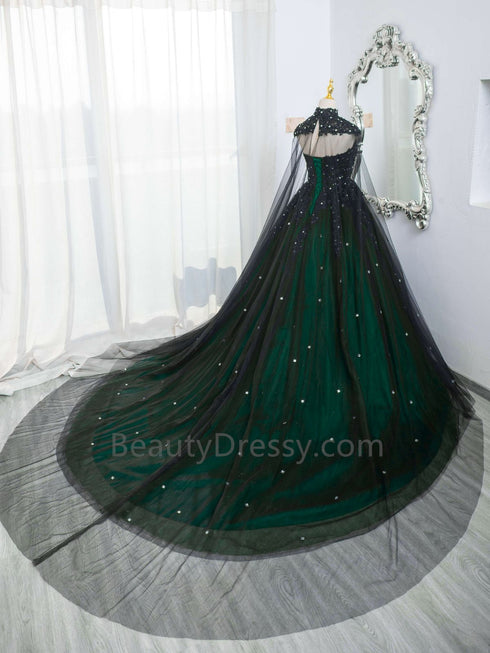 Gorgeous Black and Green Tulle Ball Gown Sweet 16 Dress with Cape, Long Prom Dress