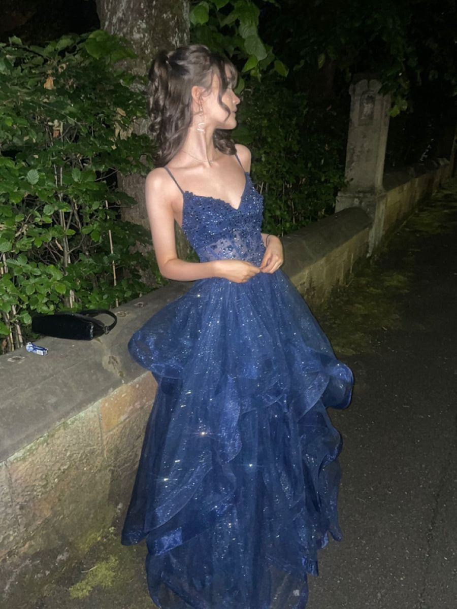 A-line Navy Blue Straps V-neckline Prom Dress, Navy Blue Party Dress E