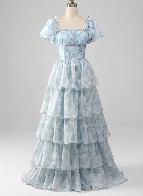 A-line Floral Blue Layers Scoop Short Sleeves Party Dress, Blue Evening Dress
