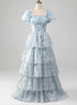 A-line Floral Blue Layers Scoop Short Sleeves Party Dress, Blue Evening Dress