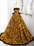 Gold Floral Satin Scoop Ball Gown Prom Dress with Bow, Gold Satin Party Dress