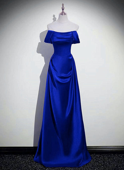 Blue Chic Satin Straps A-line Floor Length Party Dress, Blue Satin Prom Dress