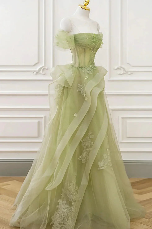 Light Green Tulle Off Shoulder Long Party Dress, Off Shoulder Green Prom Dress