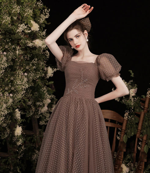 Pretty Tulle Short Sleeves Floor Length Prom Dress, Brown Tulle Formal Dress