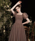 Pretty Tulle Short Sleeves Floor Length Prom Dress, Brown Tulle Formal Dress