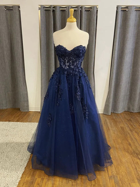 Navy Blue Tulle Sweetheart Long Party Dress, A-line Tulle Formal Prom Dress Evening Dress