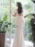 White Mermaid Satin Puffy Short Sleeves Prom Dress, White Satin Wedding Party Dress