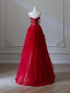 Red Sweetheart Beaded Tulle A-line Long Prom Dress, Red Tulle Layers Party Dress