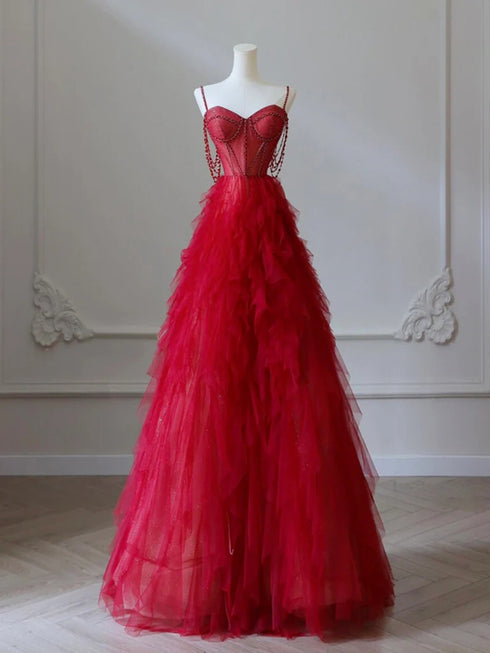 Red Sweetheart Beaded Tulle A-line Long Prom Dress, Red Tulle Layers Party Dress