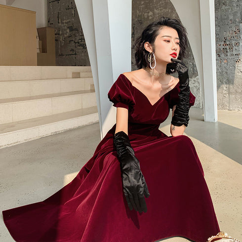 Cute A-line Velvet Long Wine Red Formal Dress, Wine Red Prom Dress