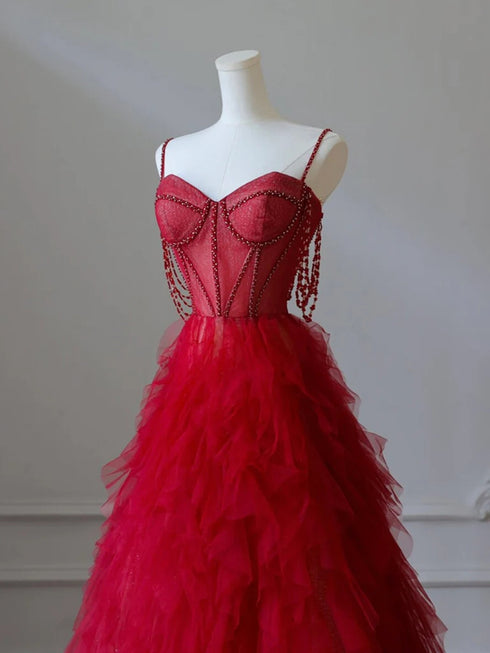 Red Sweetheart Beaded Tulle A-line Long Prom Dress, Red Tulle Layers Party Dress