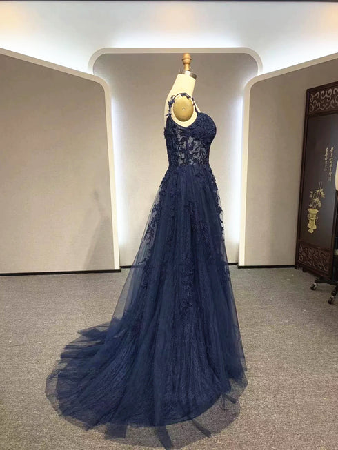 Navy Blue A-line Tulle with Lace Prom Dress, Navy Blue Long Party Dress