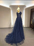 Navy Blue A-line Tulle with Lace Prom Dress, Navy Blue Long Party Dress