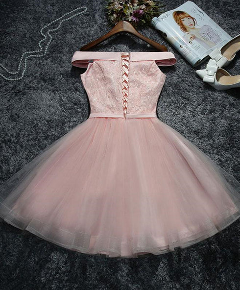 Pink Lace and Tulle Off Shoulder Short Homecoming Dress, A-line Pink Formal Dress Party Dress