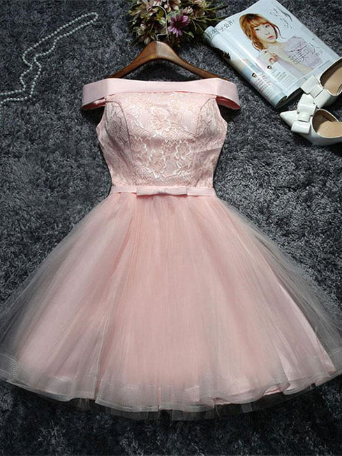 Pink Lace and Tulle Off Shoulder Short Homecoming Dress, A-line Pink Formal Dress Party Dress