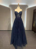 Navy Blue A-line Tulle with Lace Prom Dress, Navy Blue Long Party Dress