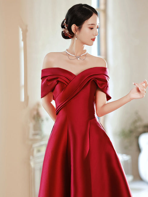 A-line Wine Red Satin Floor Length Party Dress, Wine Red Off Shoulder Prom Dress