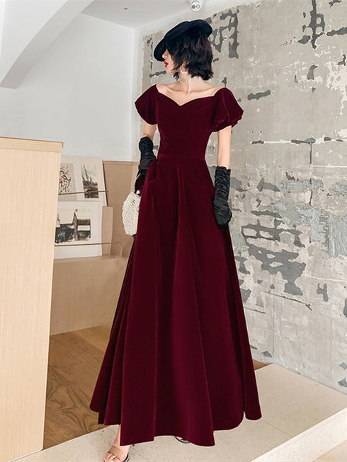 Cute A-line Velvet Long Wine Red Formal Dress, Wine Red Prom Dress