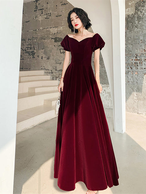 Cute A-line Velvet Long Wine Red Formal Dress, Wine Red Prom Dress