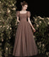 Pretty Tulle Short Sleeves Floor Length Prom Dress, Brown Tulle Formal Dress